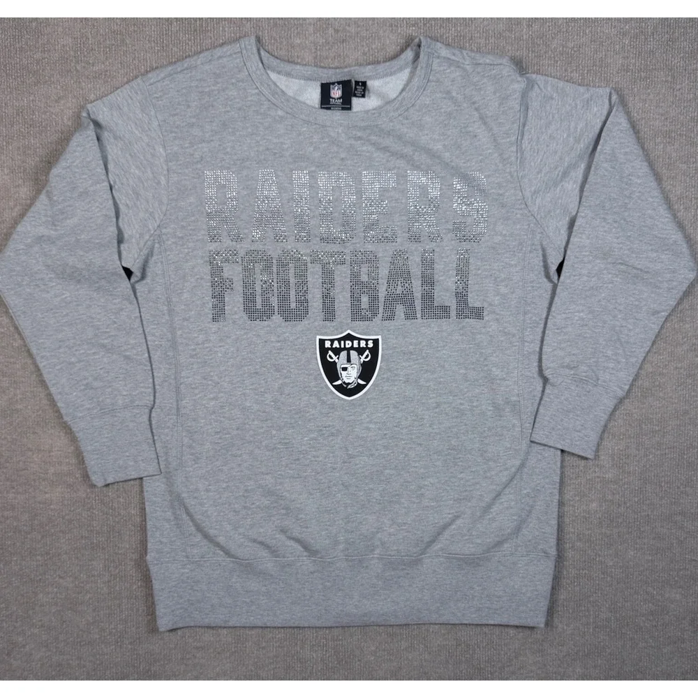 NFL Team Apparel Womens Raiders Football Rhinestone Sweatshirt Gray Small